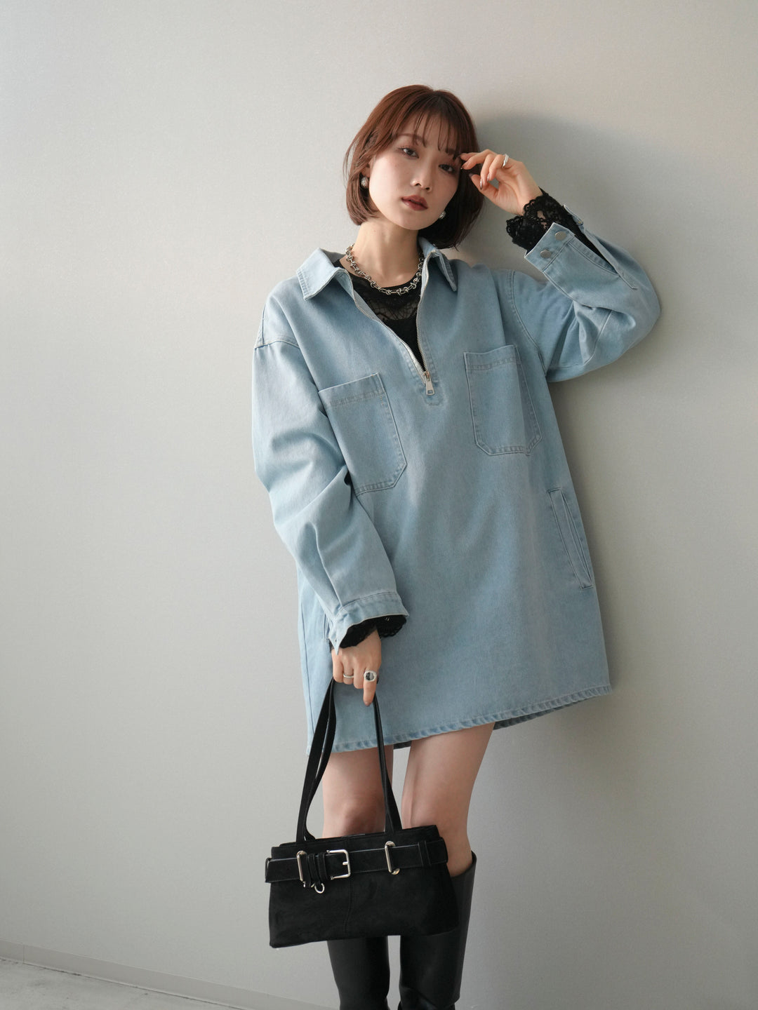 [予約]ハーフジップデニムミニワンピース/blue