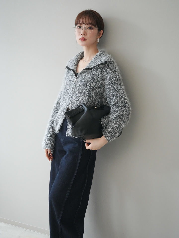 [予約]ミックスシャギージップニットカーディガン/black