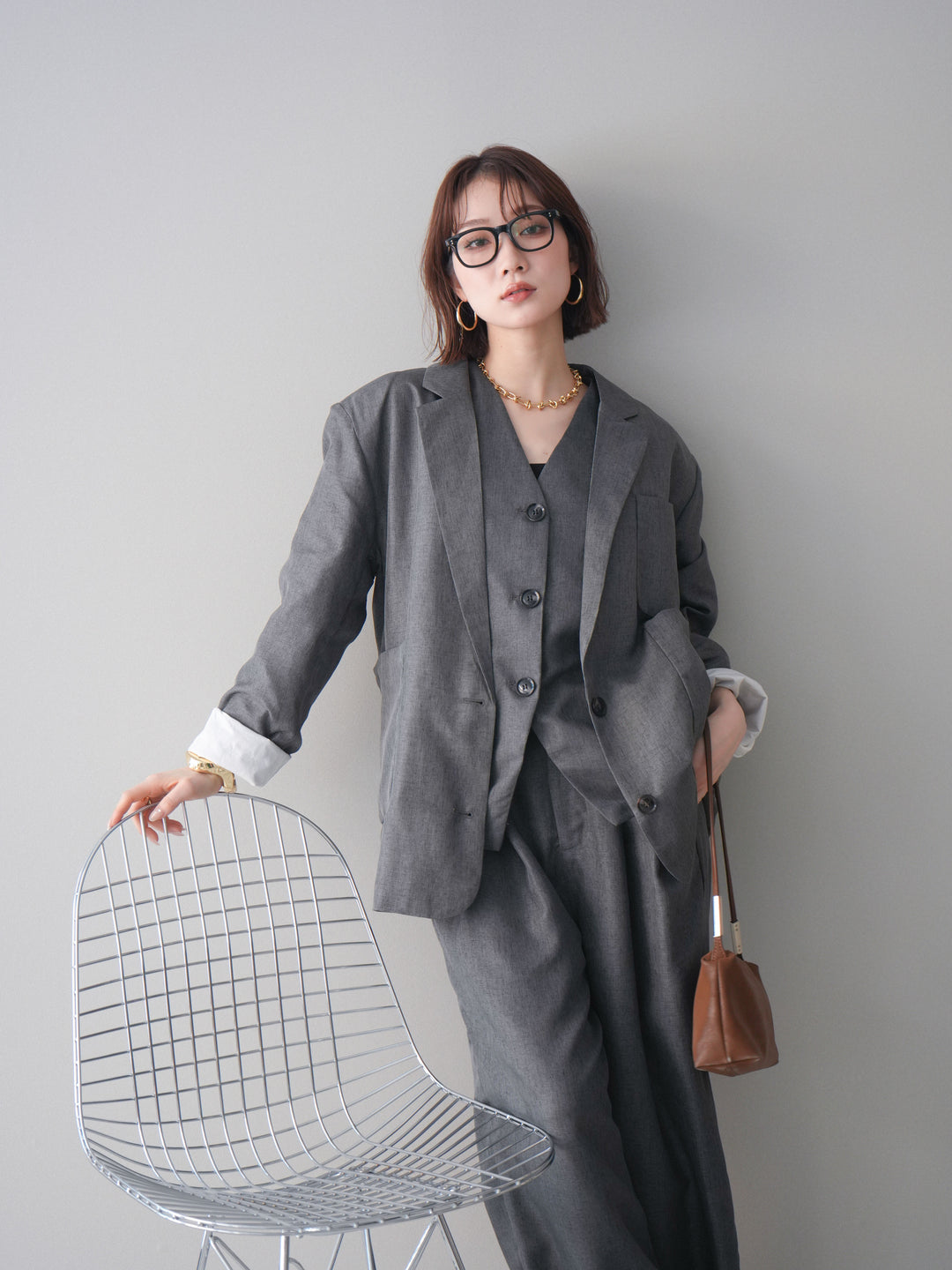 [SET]リネンライクテーラードジャケット+リネンライクバックオープンジレ+リネンライクタックワイドパンツ(3set)