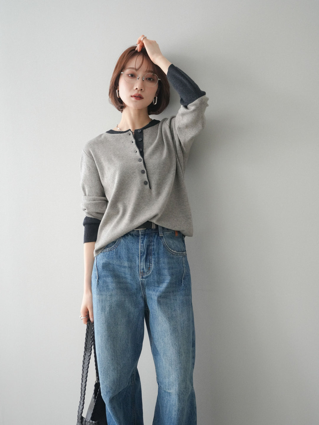 [SET]ヘンリーネック配色ニットソー+ヘンリーネック配色ニットソー(2set)