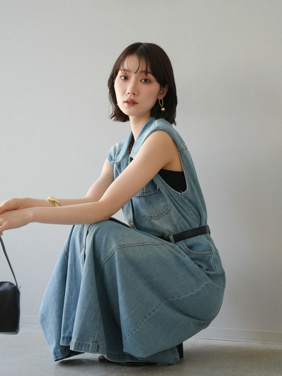 [予約]ベルト付デニムシャツデザインワンピース/ライトブルー