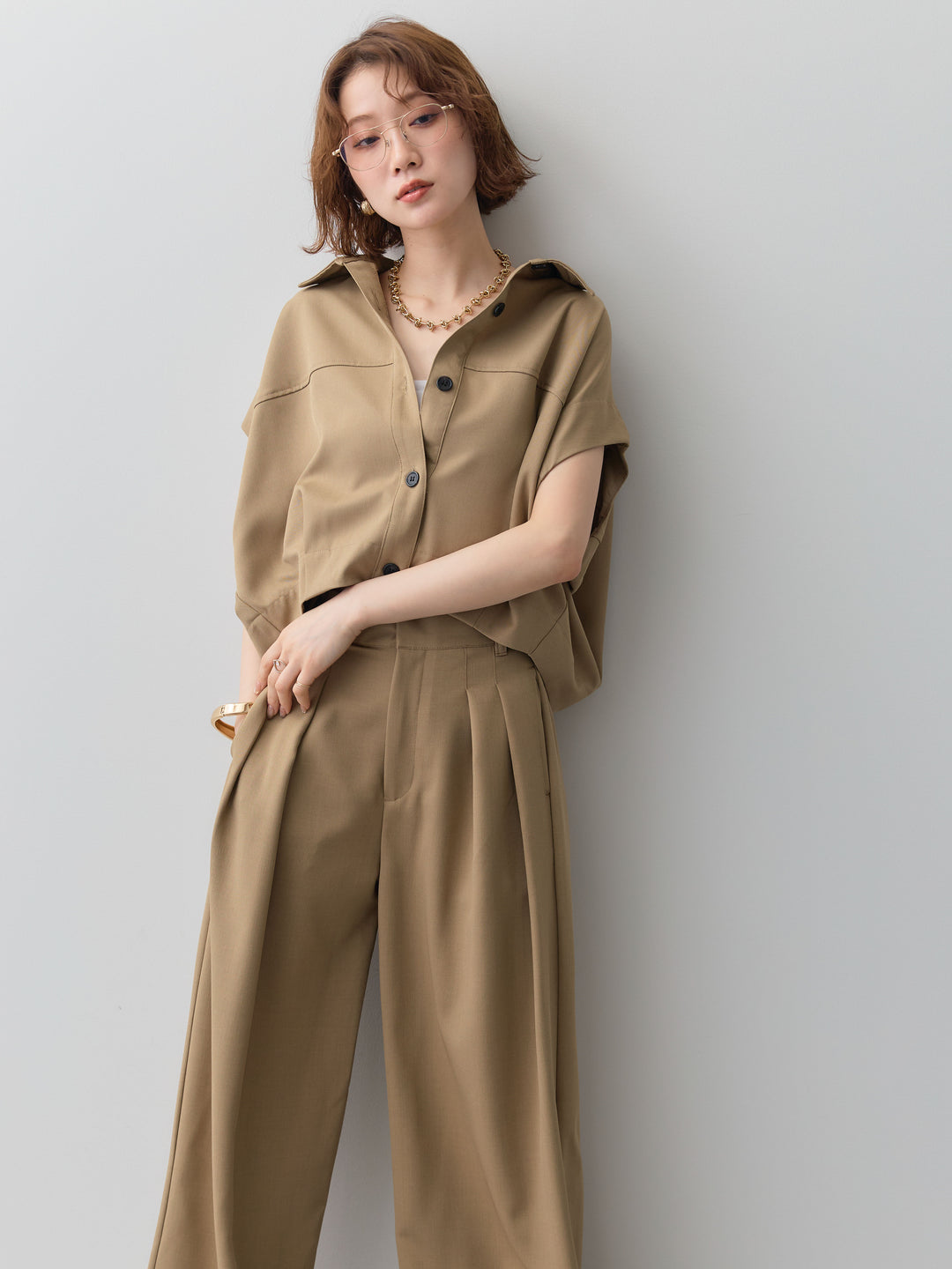 【套裝】縐綢燈籠無袖襯衫 + 縐綢闊腿褲（兩件套）