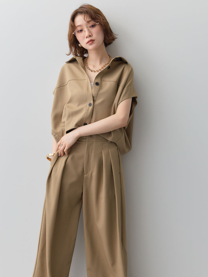 【套裝】縐綢燈籠無袖襯衫 + 縐綢闊腿褲（兩件套）