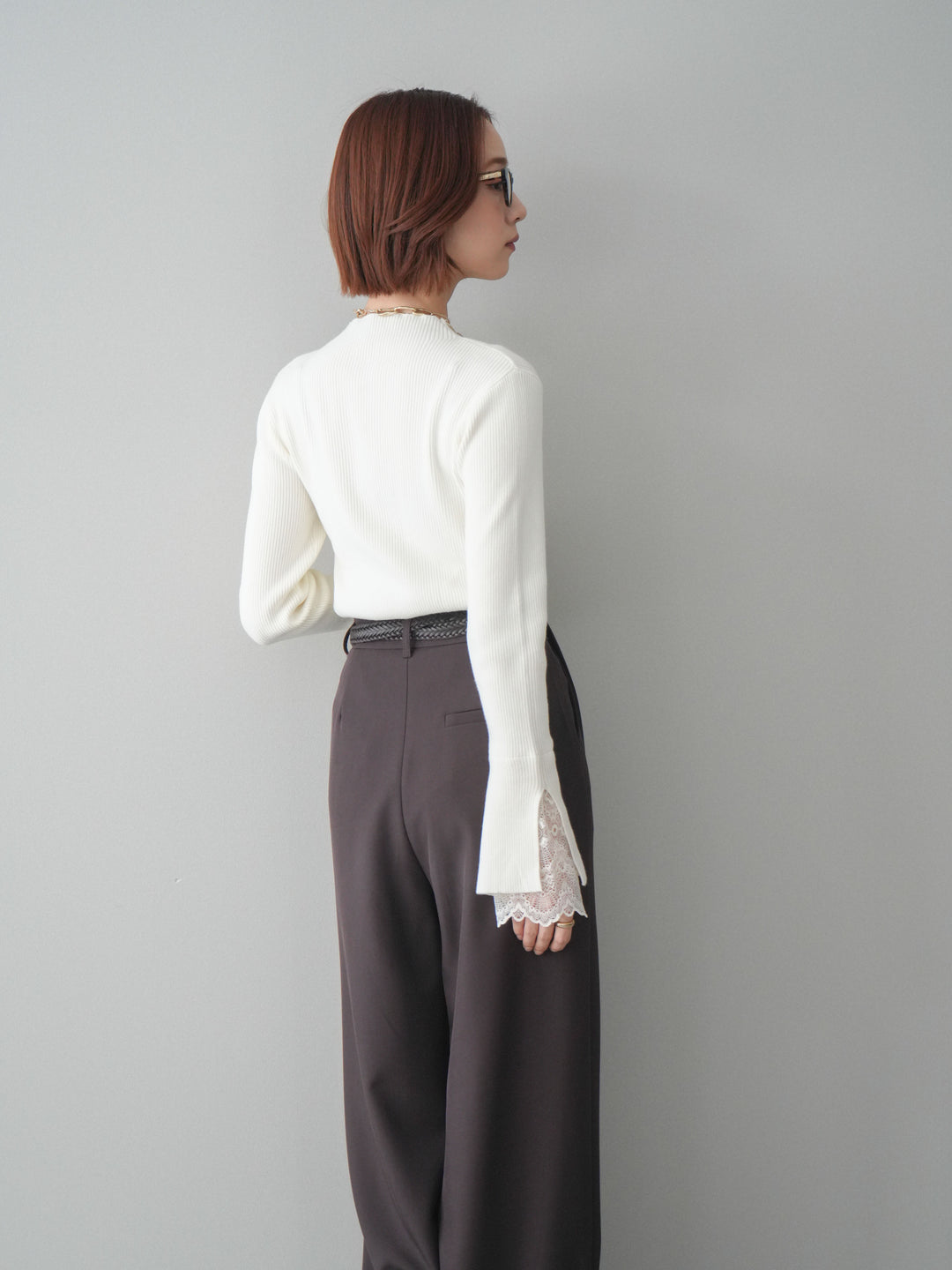 [SET]袖スカラップレースオフネックニットトップス+ベルトループデザインワイドパンツ(2set)