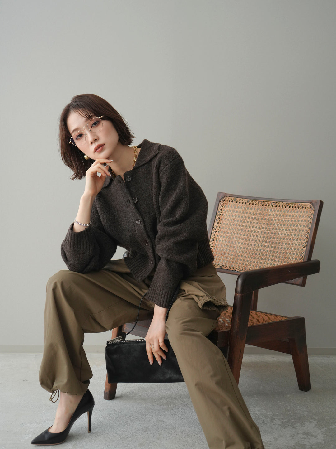 [予約]メランジニット襟付きクロップドカーディガン/brown