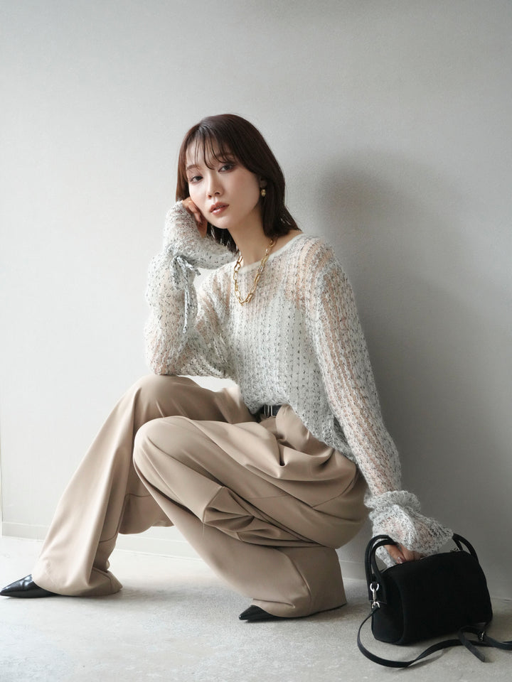 [予約]ストライプメッシュニットプルオーバー/ホワイト