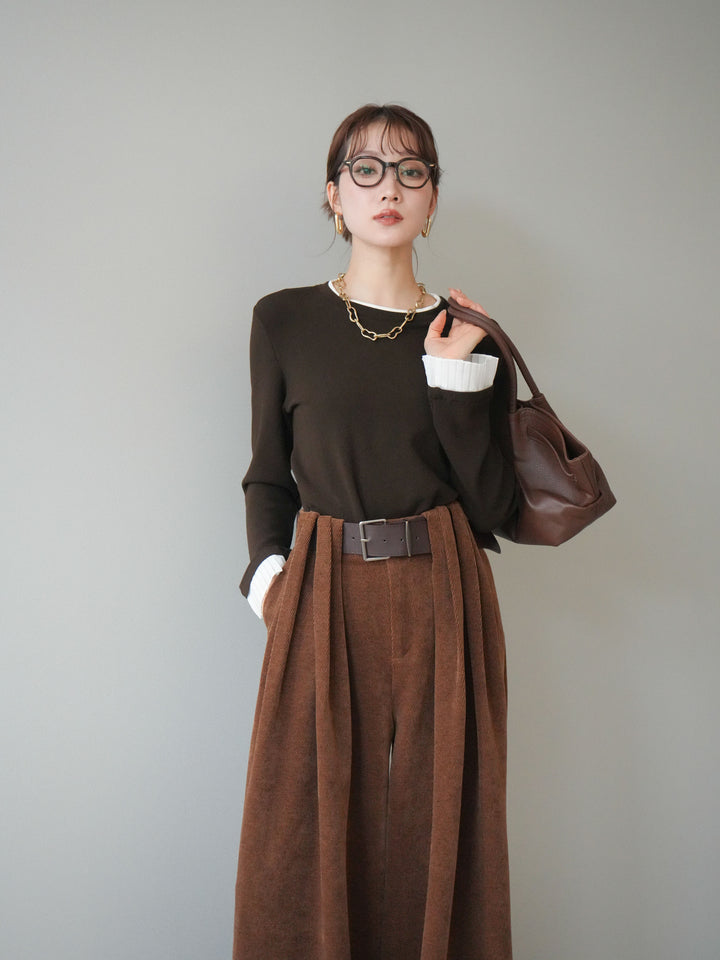 [SET]袖プリーツ配色レイヤードトップス+ベルトデザインループコールテンワイドパンツ(ベルト付き)(2set)