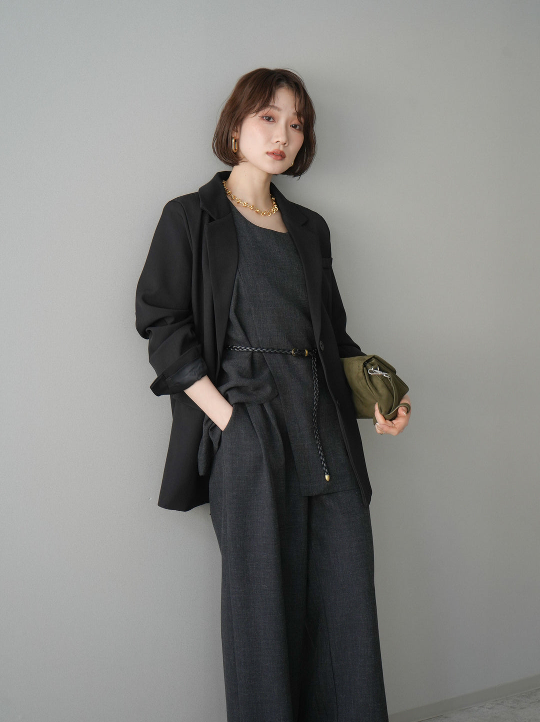 [SET]ベルト付ノースリーブトップス＆ワイドパンツSETUP+バックスリットデザインジャケット(2set)