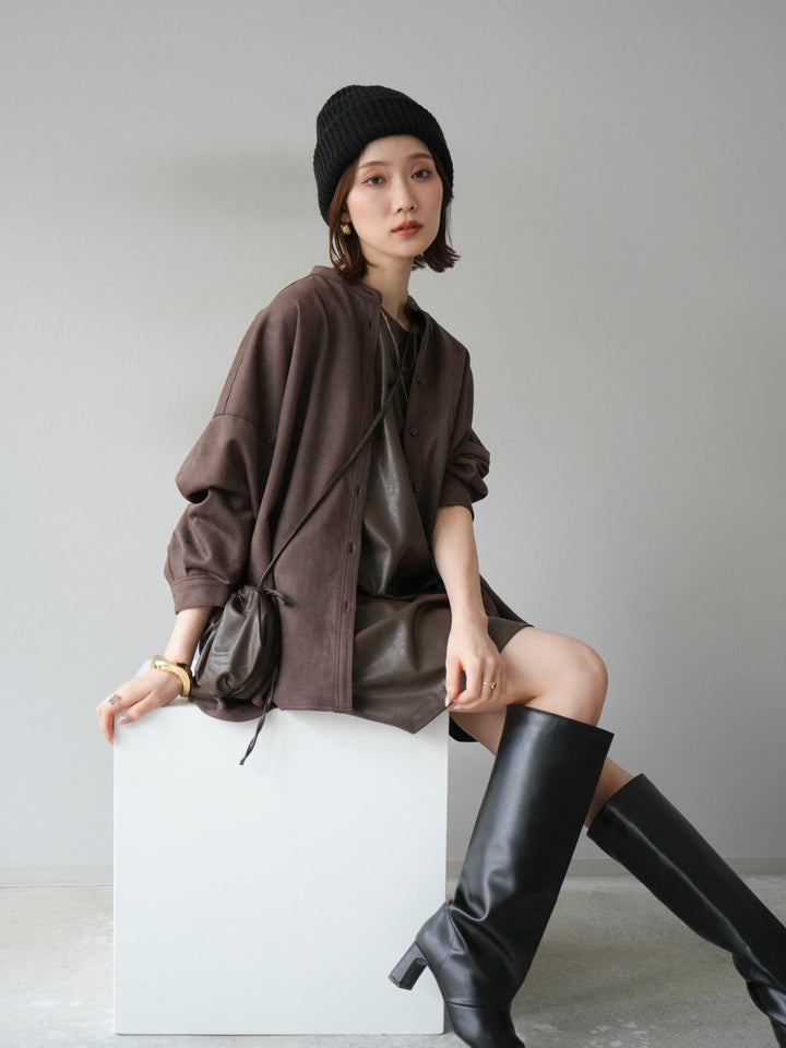 [SET] 麂皮立領外套襯衫 + 附單肩包皮革迷你連身裙（2 套）