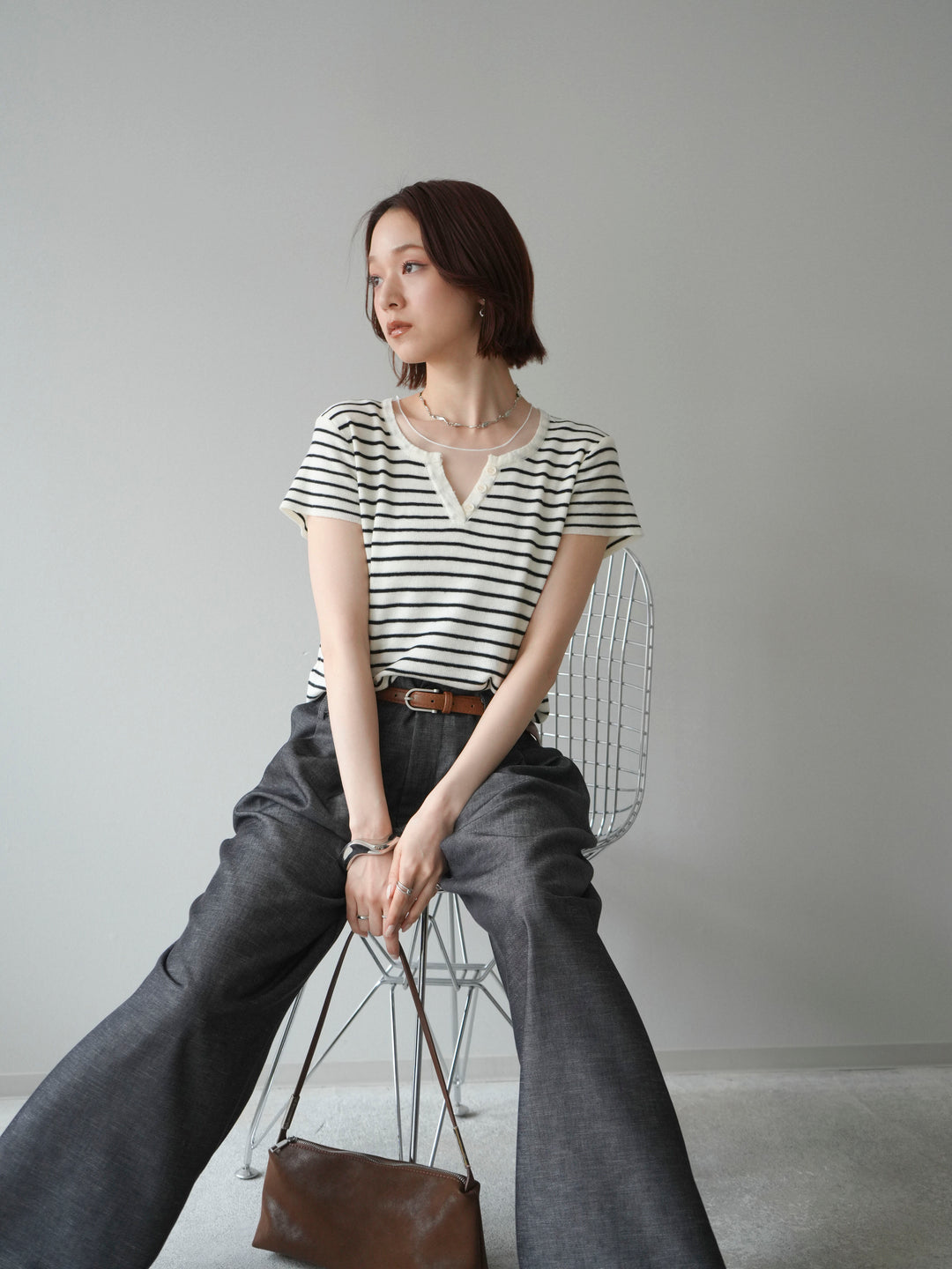 [予約]チュールレイヤードボーダーサマーニット/white