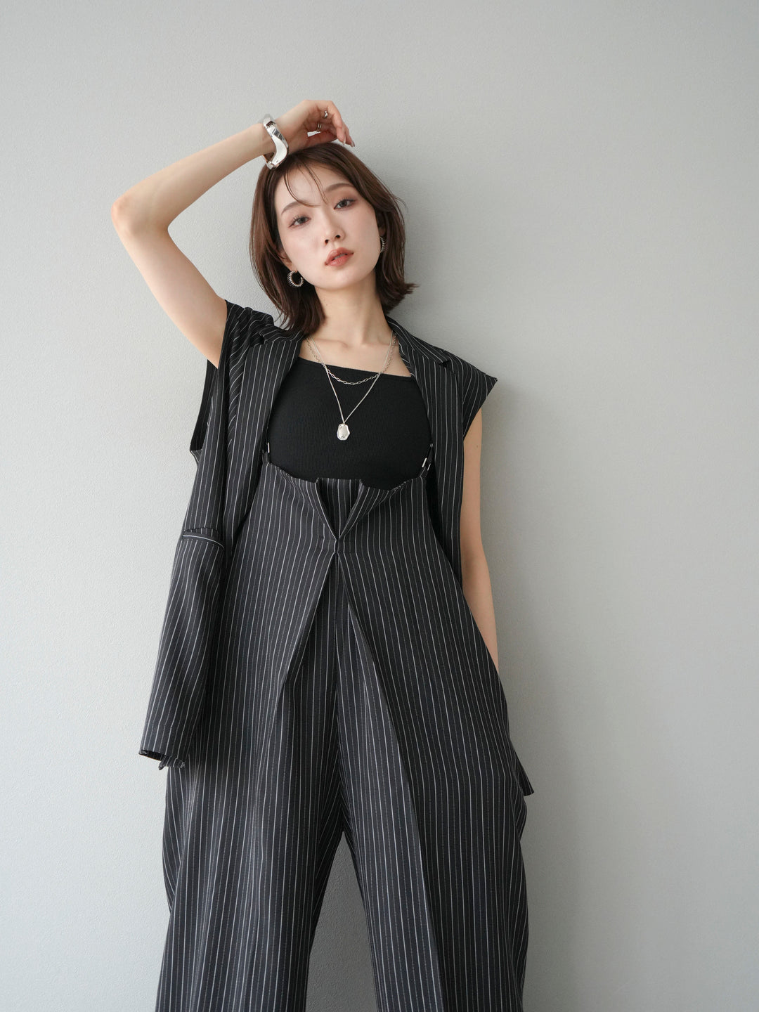 【着回しセット】[SET]ヘリンボーンストライプジレ+シアー切替ベロアトップス+ヘリンボーンストライプサロペット(3set)