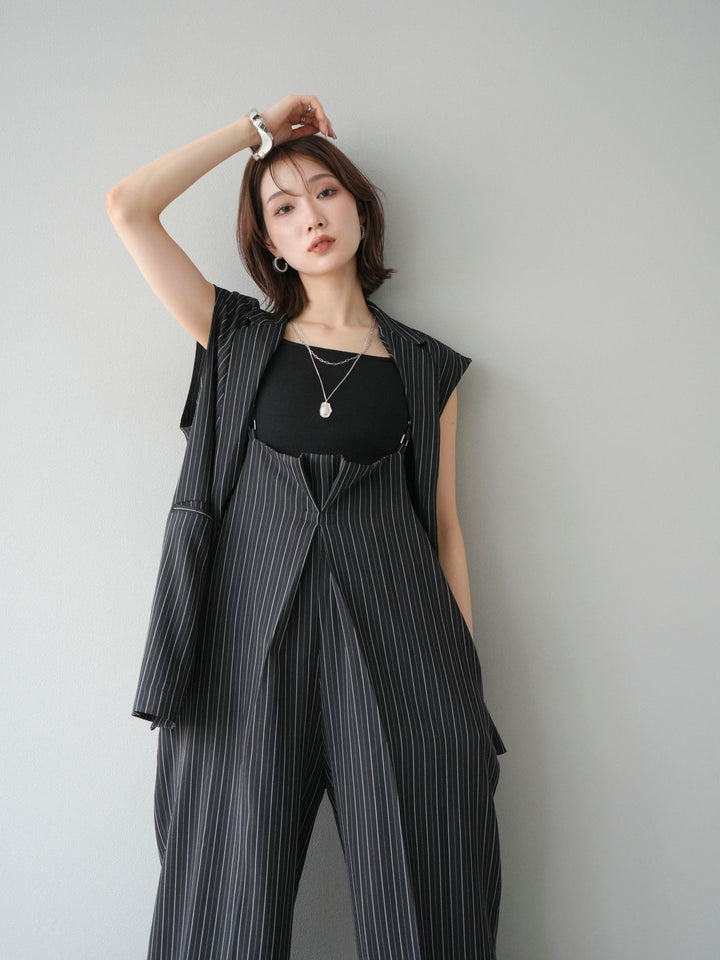 【着回しセット】[SET]ヘリンボーンストライプジレ+シアー切替ベロアトップス+ヘリンボーンストライプサロペット(3set)