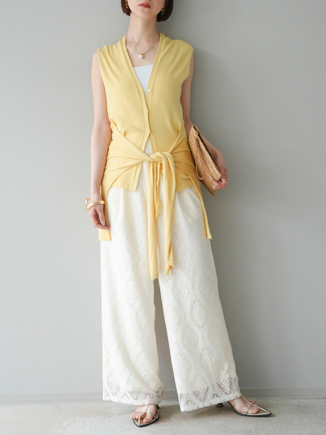 [SET]腰巻きデザインノースリーブニットカーディガン+レースタックイージーパンツ(2set)