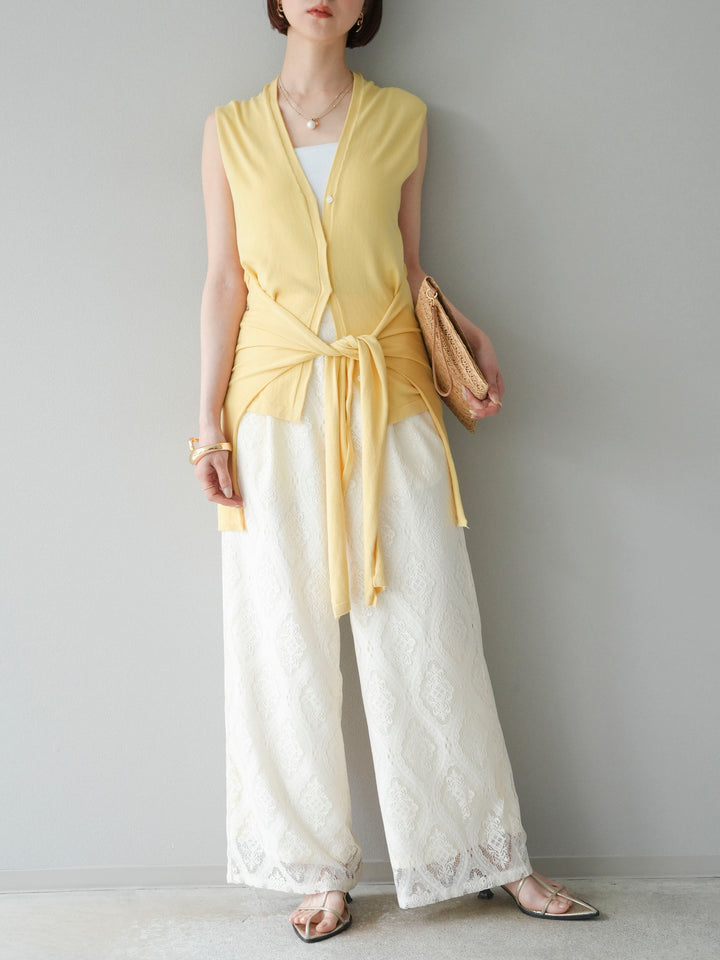 [SET]腰巻きデザインノースリーブニットカーディガン+レースタックイージーパンツ(2set)