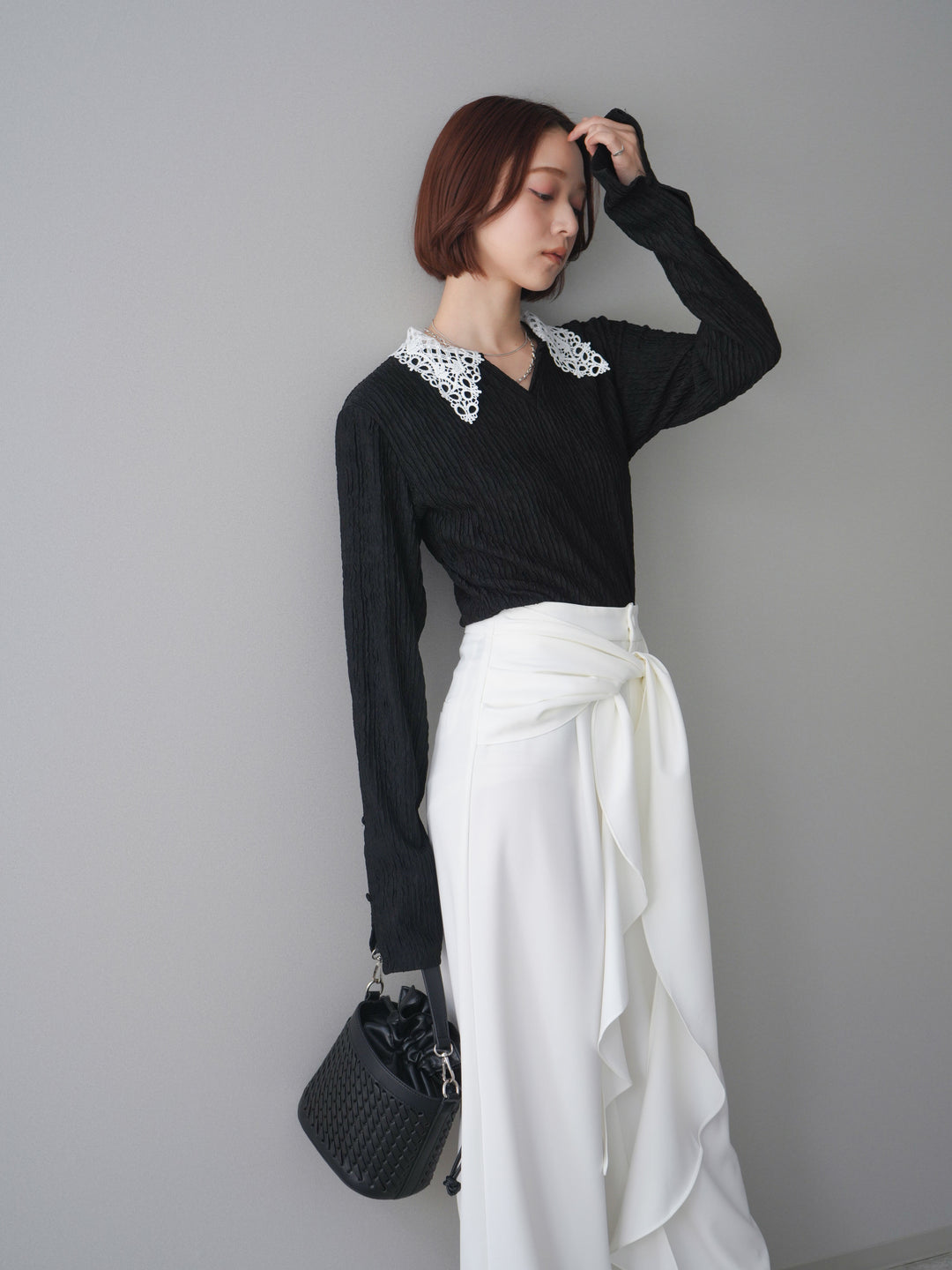 [SET]袖スリットレースカラートップス+ラッフルベルトワイドパンツ(2set)