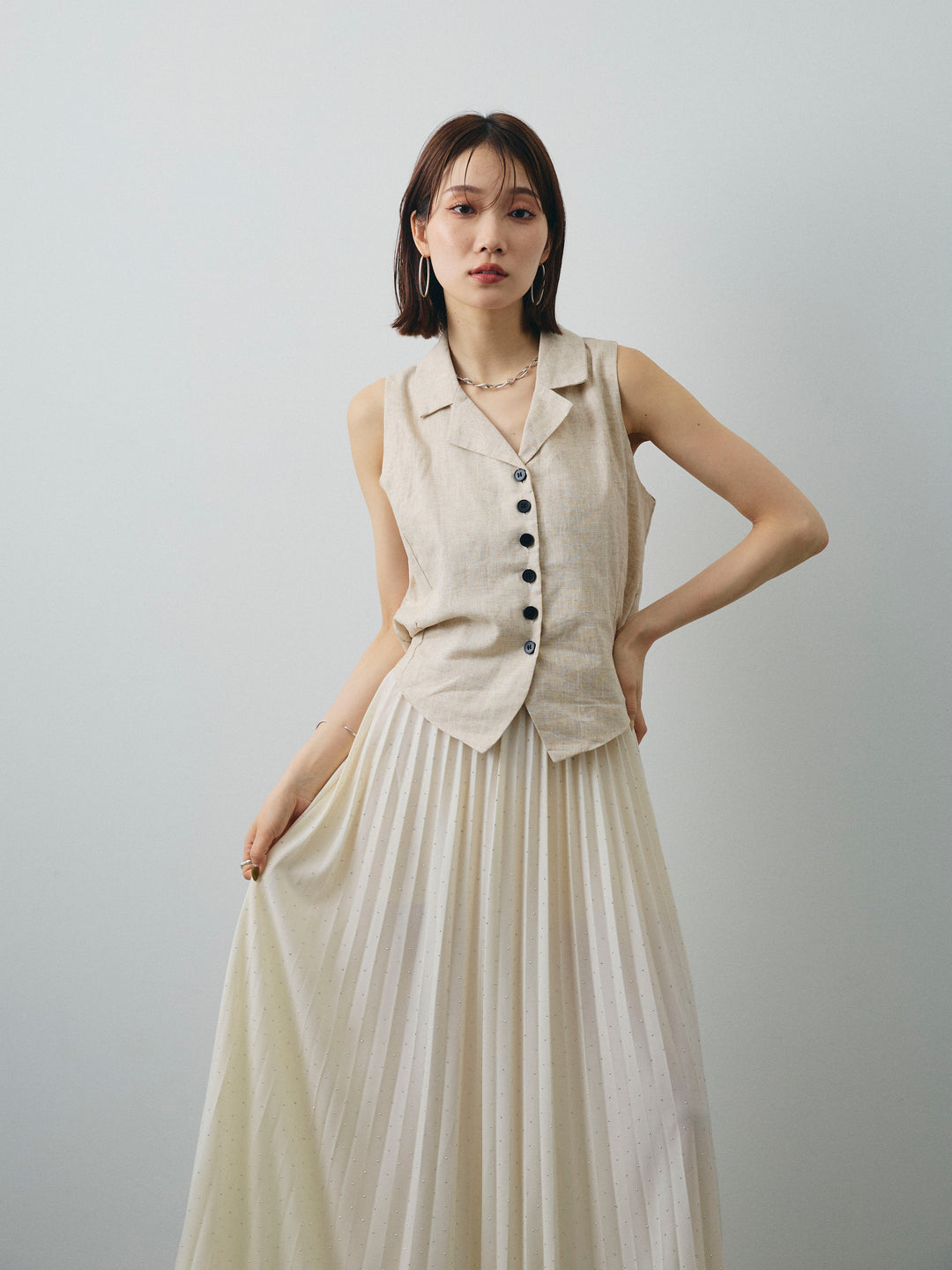 [SET]リネンライクテーラードジレ+ラインストーンプリーツスカート(2set)