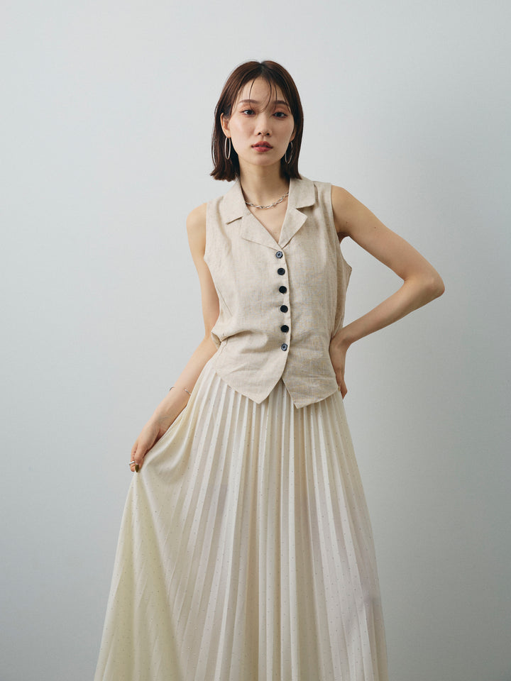 [SET]リネンライクテーラードジレ+ラインストーンプリーツスカート(2set)