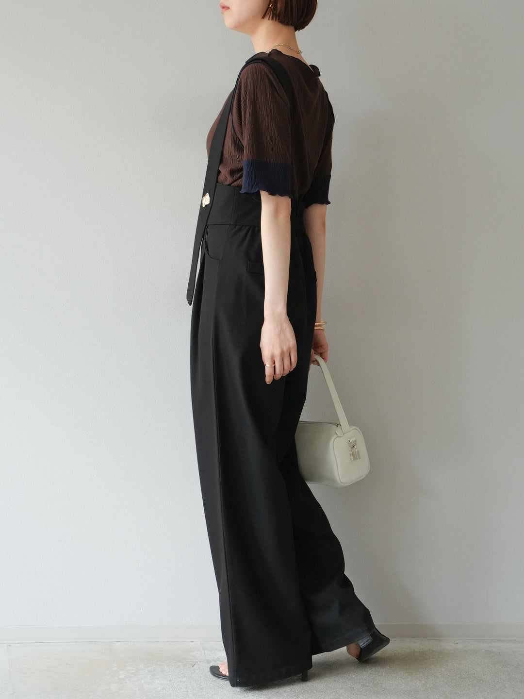 [SET]プリーツ配色ボートネックプルオーバー+ゴールドボタンサスペンダーワイドパンツ(2set)