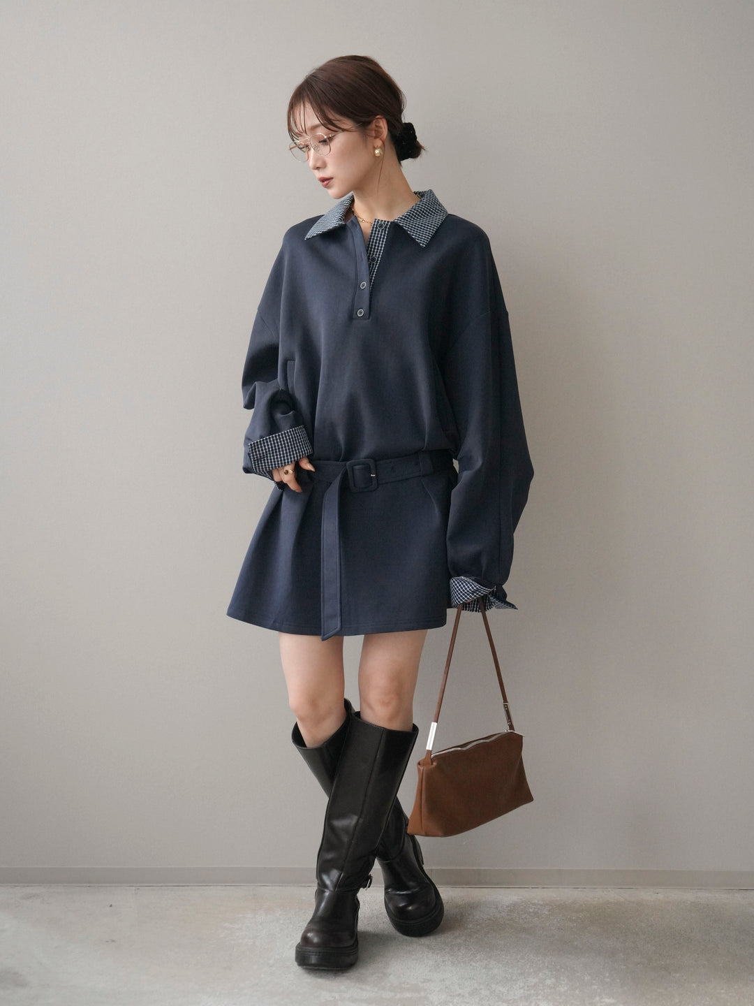 [予約]チェック襟xスエットミニワンピース/blue