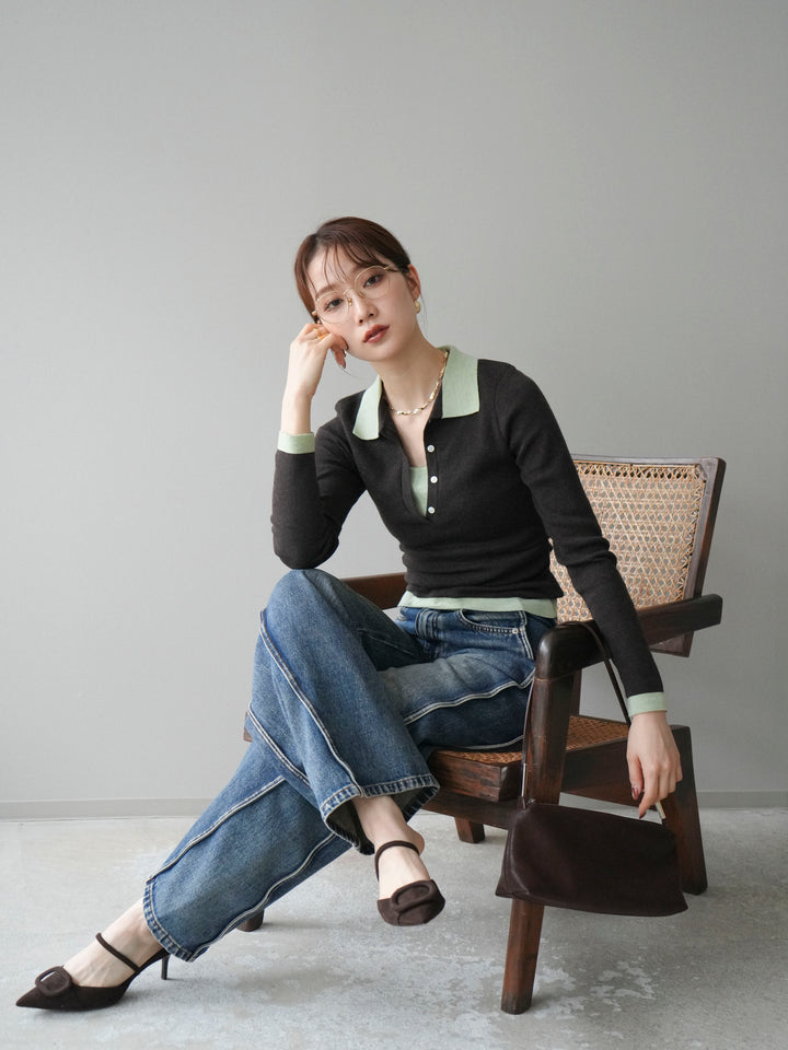 [予約]レイヤード配色ポロニットトップス/darkbrown