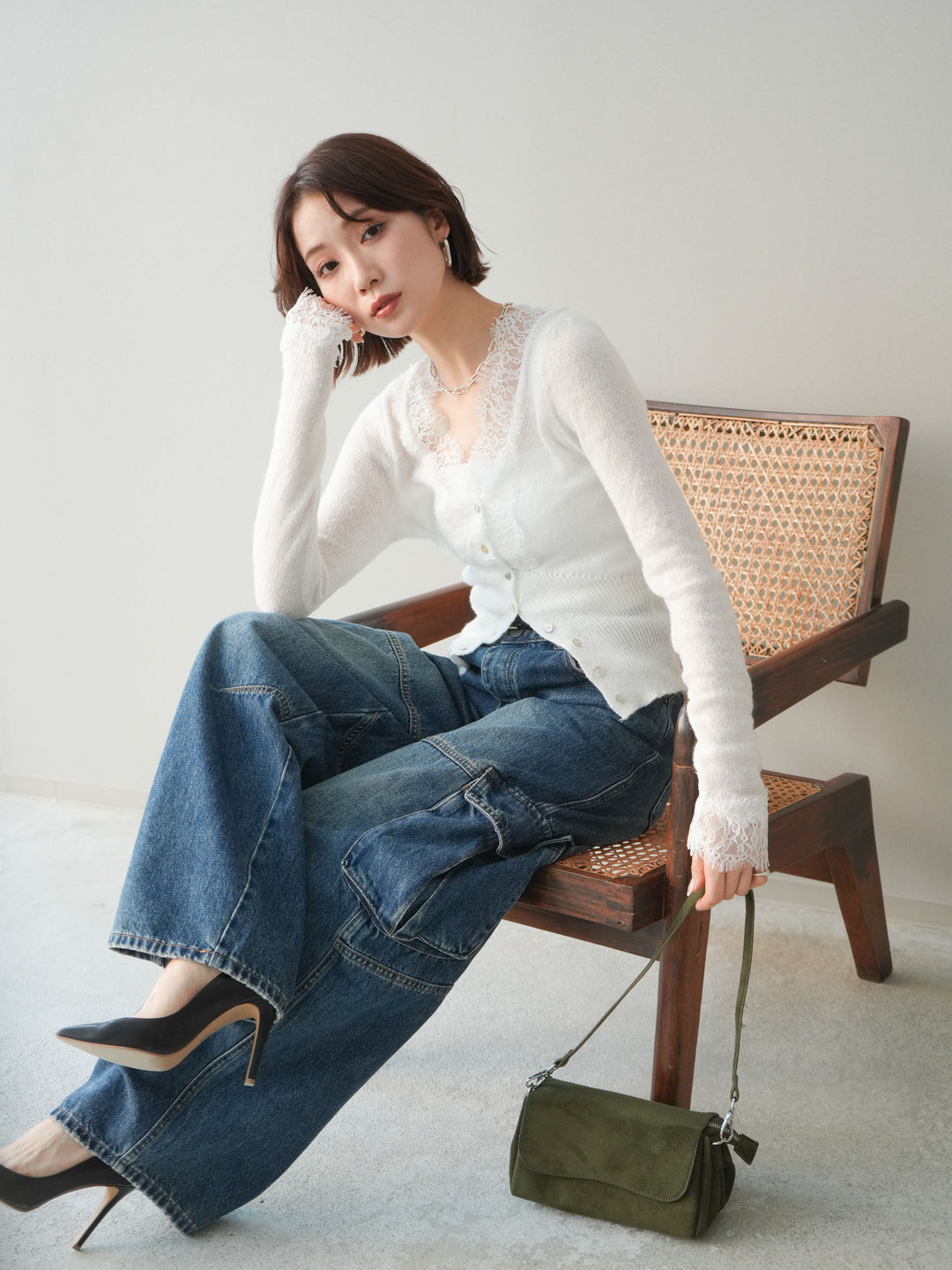 [予約]モヘアタッチレースニットカーディガン/off