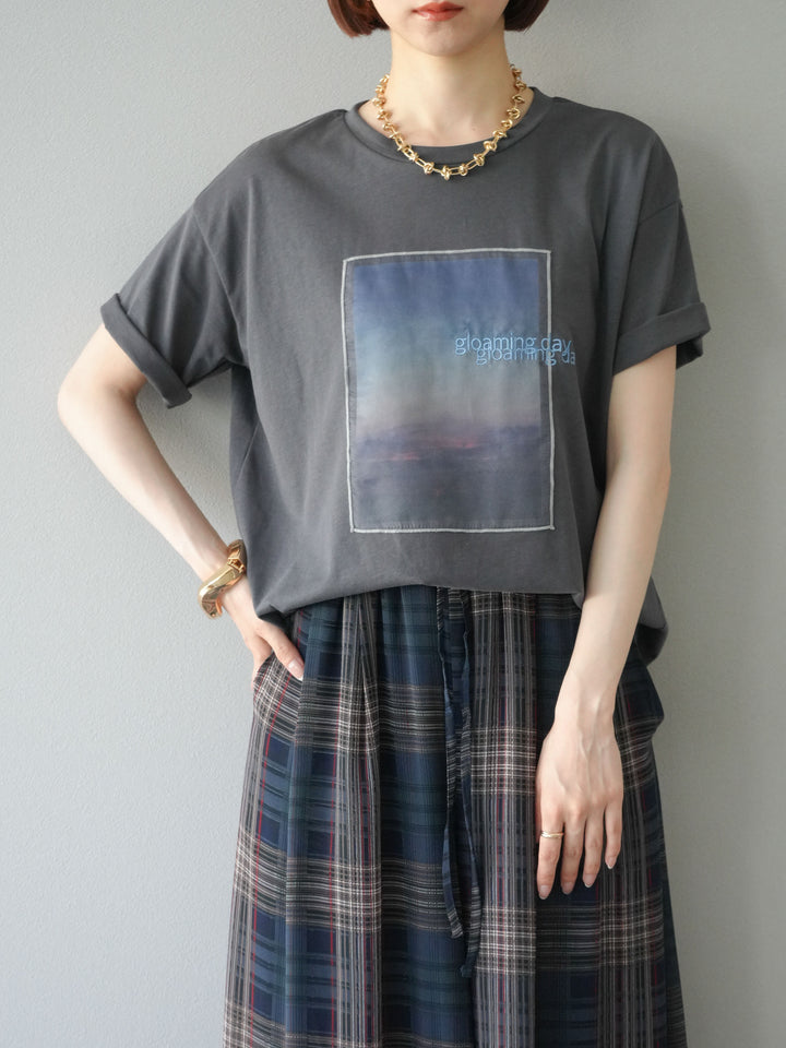 [SET] 薄紗層疊印花T卹 + 透視格紋寬鬆褲 (2件套)