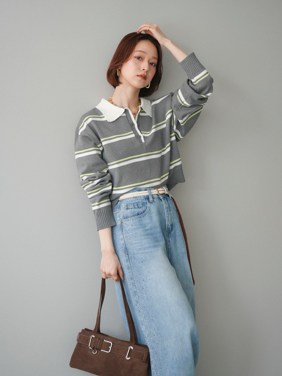 【預購】多條紋polo針織衫/灰色