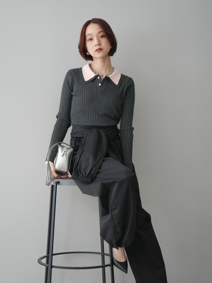 [SET]ダブル襟ポロリブニットトップス+ダブル襟ポロリブニットトップス(2set)