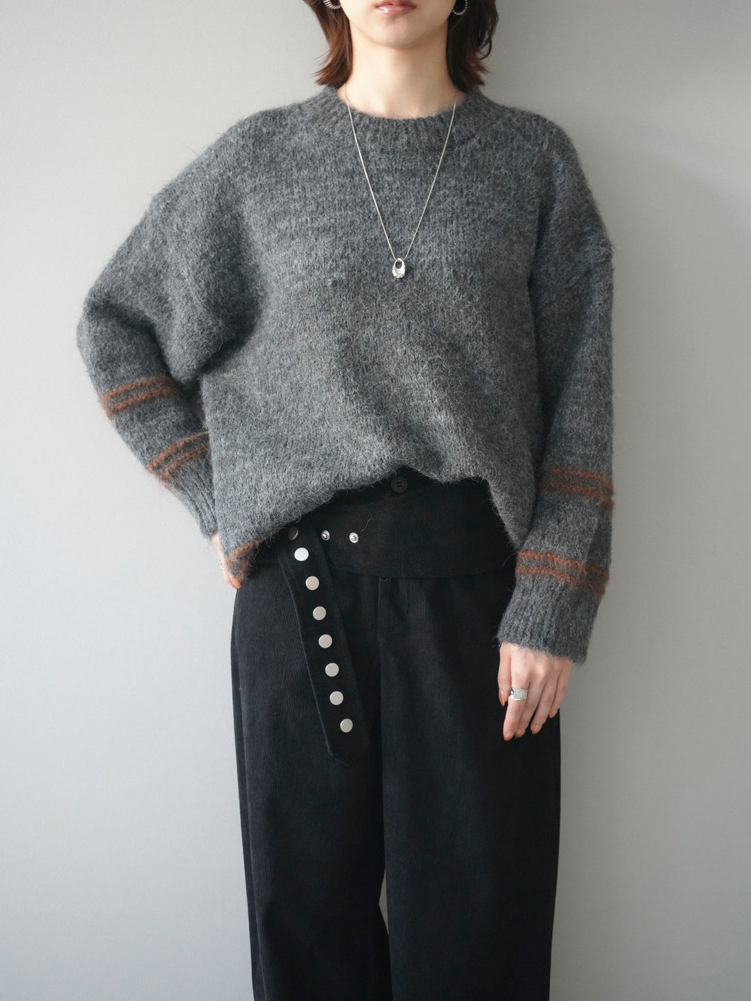 [予約]クルーネックラインボーダーニットプルオーバー/gray