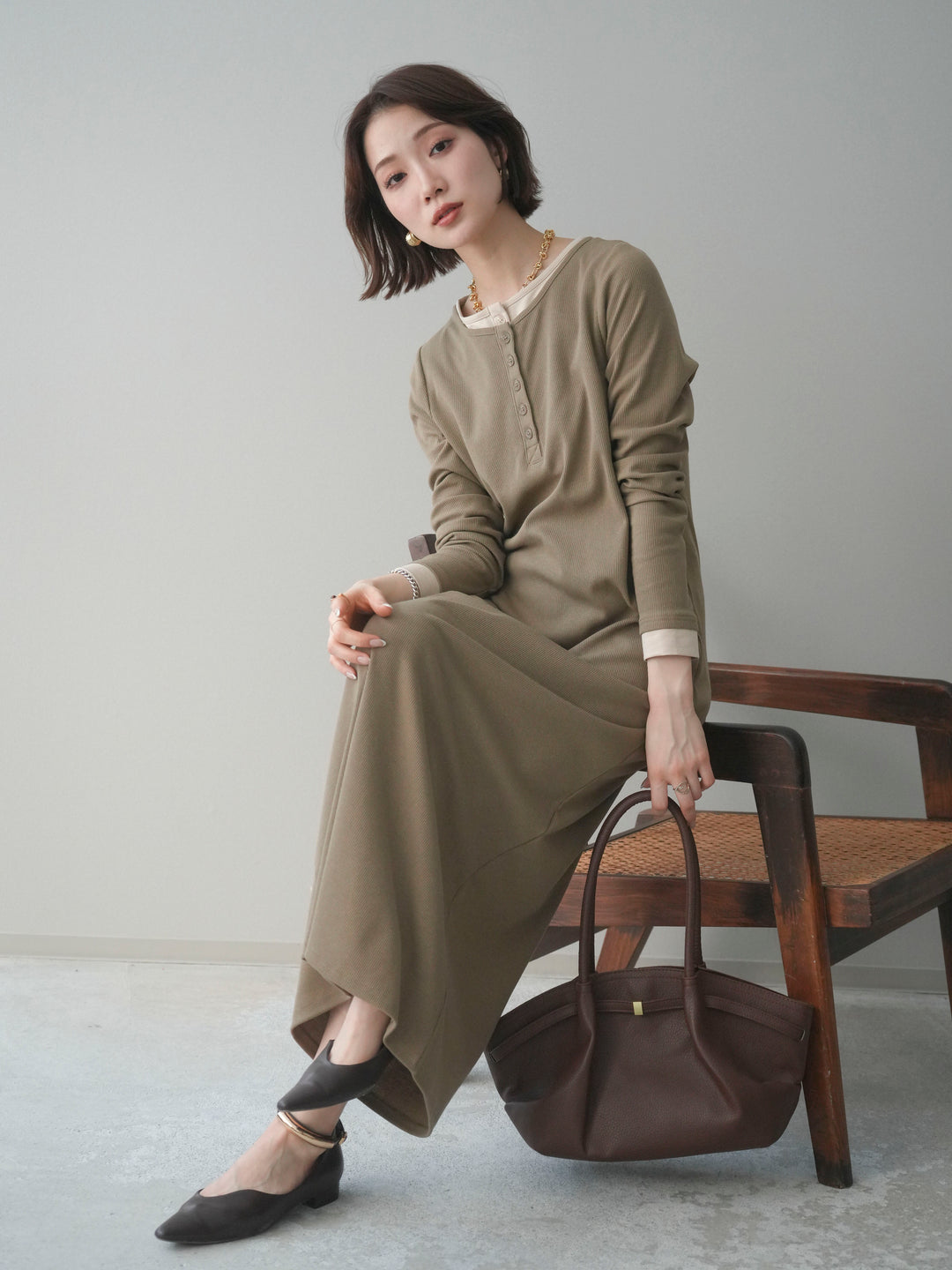 [予約]配色レイヤードヘンリーネックカットリブワンピース/mocha