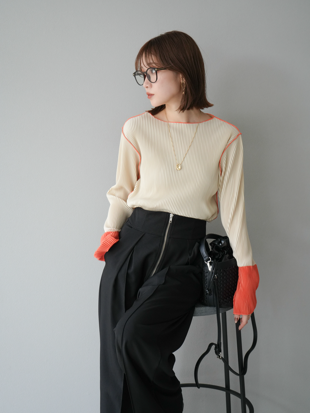 [予約]バイカラープリーツトップス/アイボリー