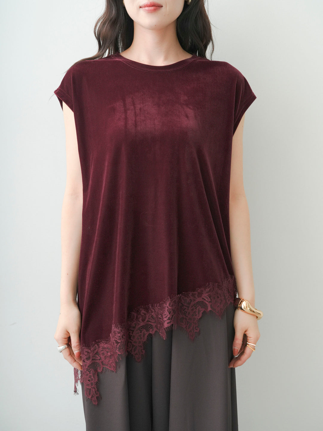 [予約]ベロアレースコンビアシメノースリトップス/bordeaux