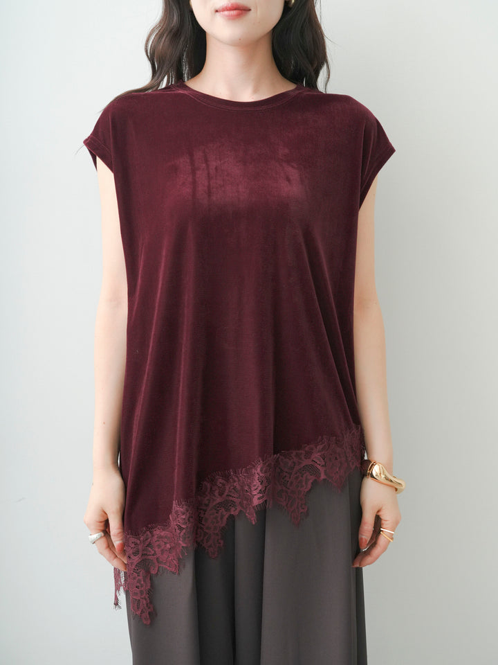 [予約]ベロアレースコンビアシメノースリトップス/bordeaux