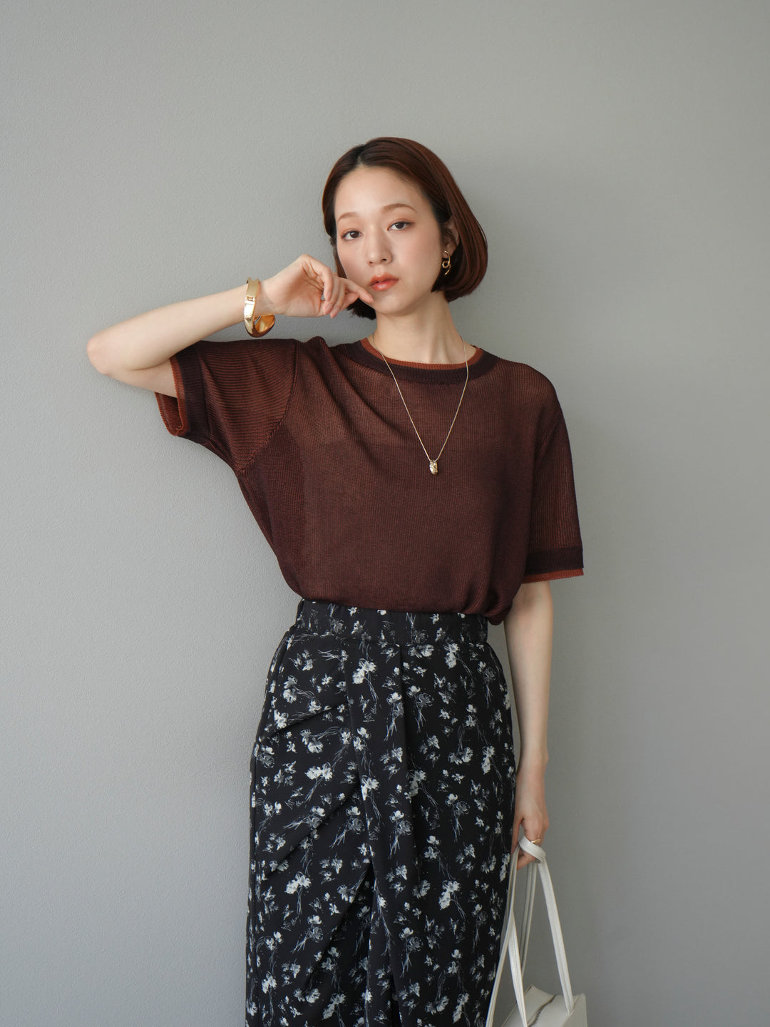 [SET]リネンタッチ配色二重臼ハーフニットトップス+選べるアソート柄スカートセット(2set)