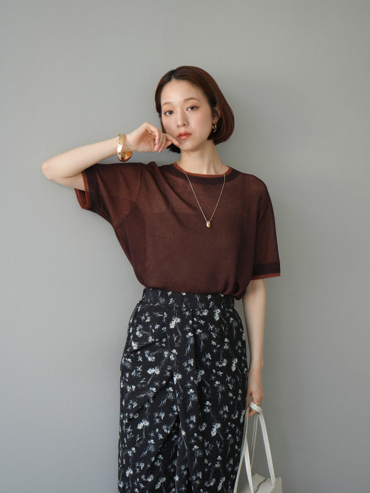 [SET]リネンタッチ配色二重臼ハーフニットトップス+選べるアソート柄スカートセット(2set)