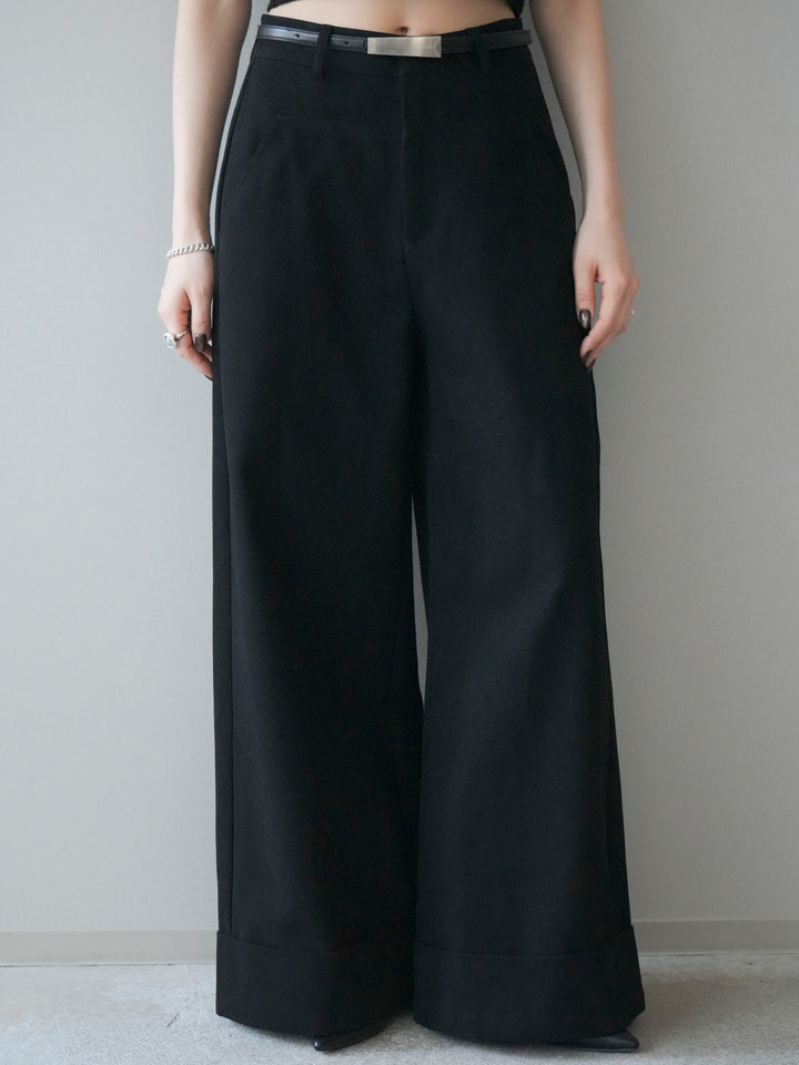 [予約]ベルト付き折り返しコットンツイルワイドパンツ/black