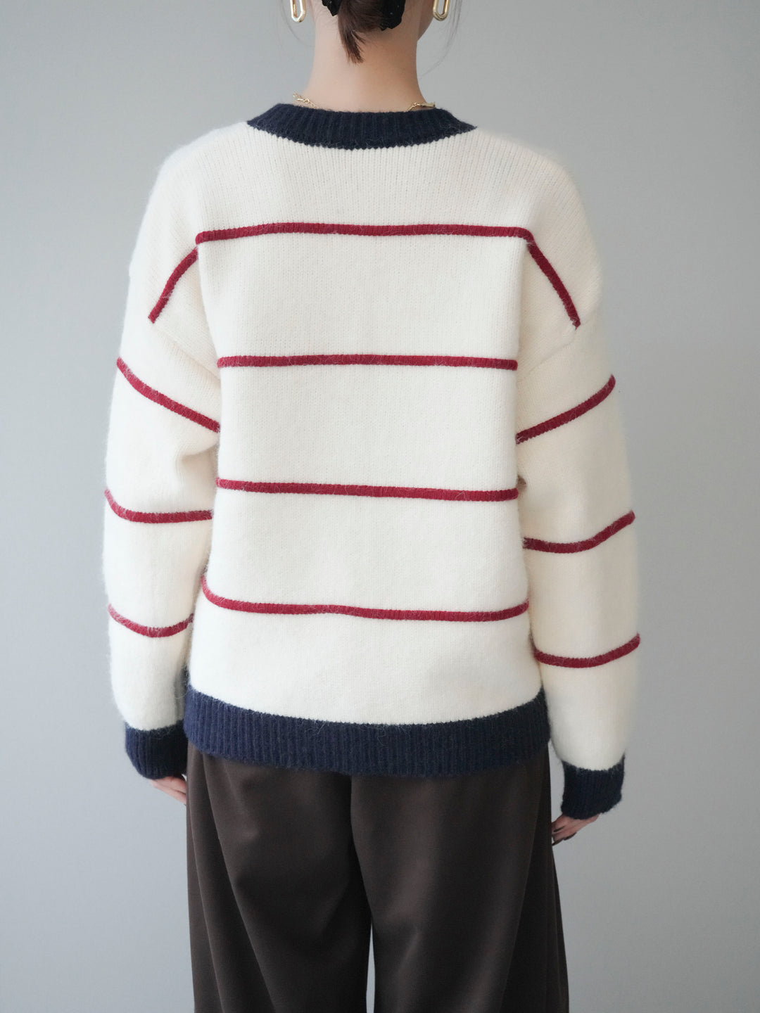 [予約]配色ボーダーニットカーディガン/red