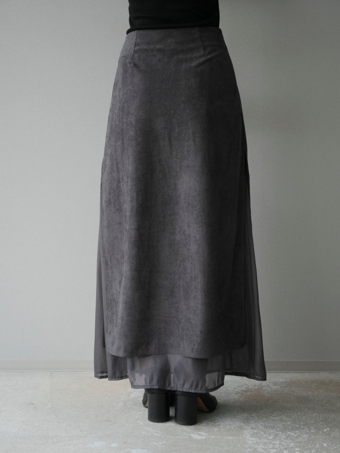 [予約]サイドスリットスウェードドッキングシフォンスカート/グレー