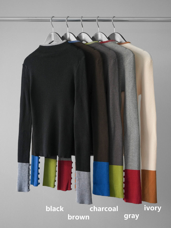 [SET]袖ボタンハイネック配色リブニットトップス+袖ボタンハイネック配色リブニットトップス(2set)