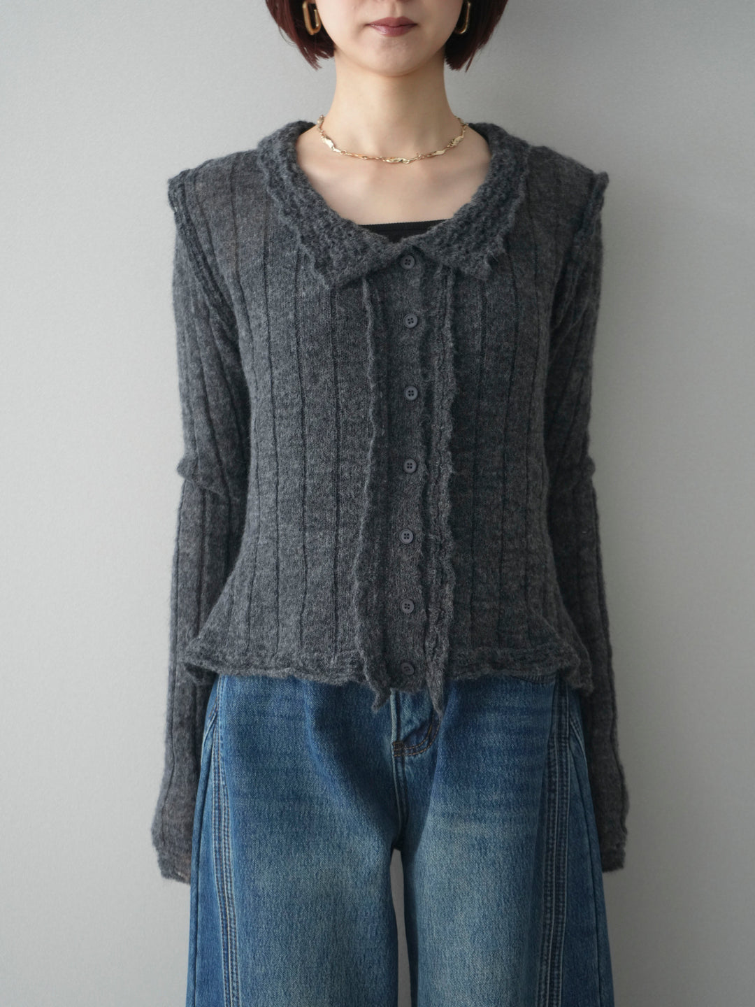 [予約]透かし襟モヘアタッチニットカーディガン/charcoal