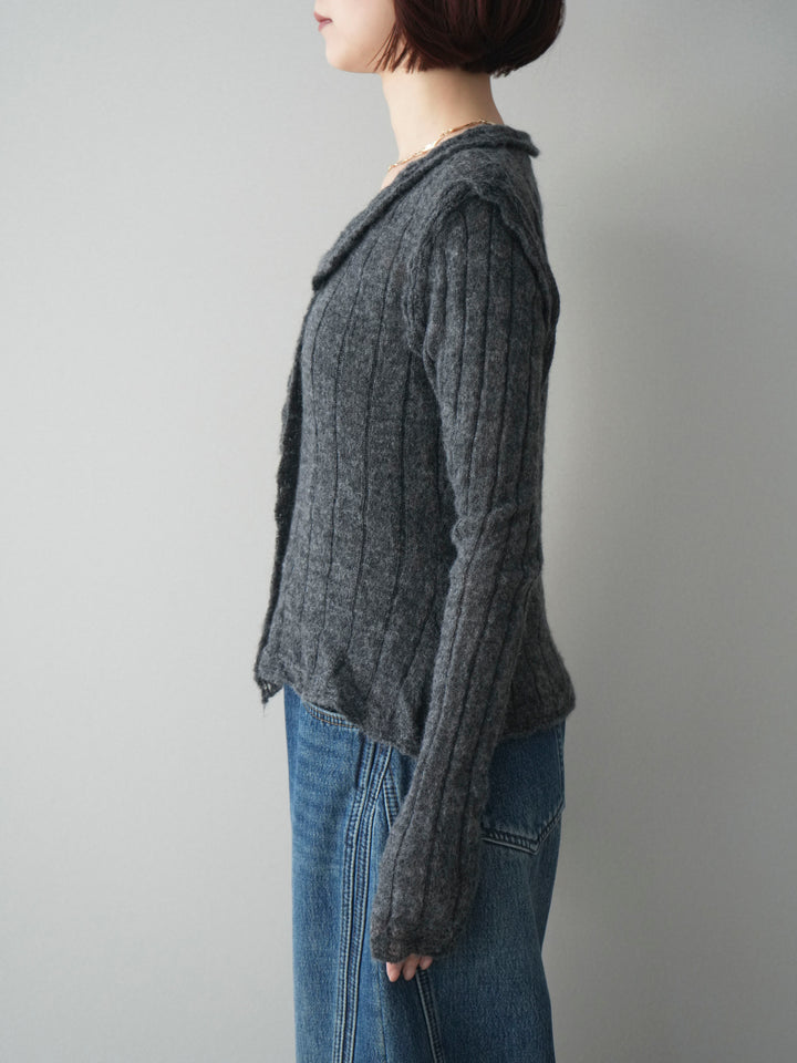 [予約]透かし襟モヘアタッチニットカーディガン/charcoal