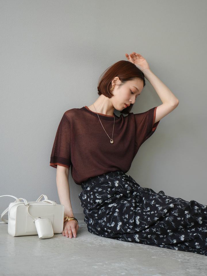 [SET]リネンタッチ配色二重臼ハーフニットトップス+選べるアソート柄スカートセット(2set)