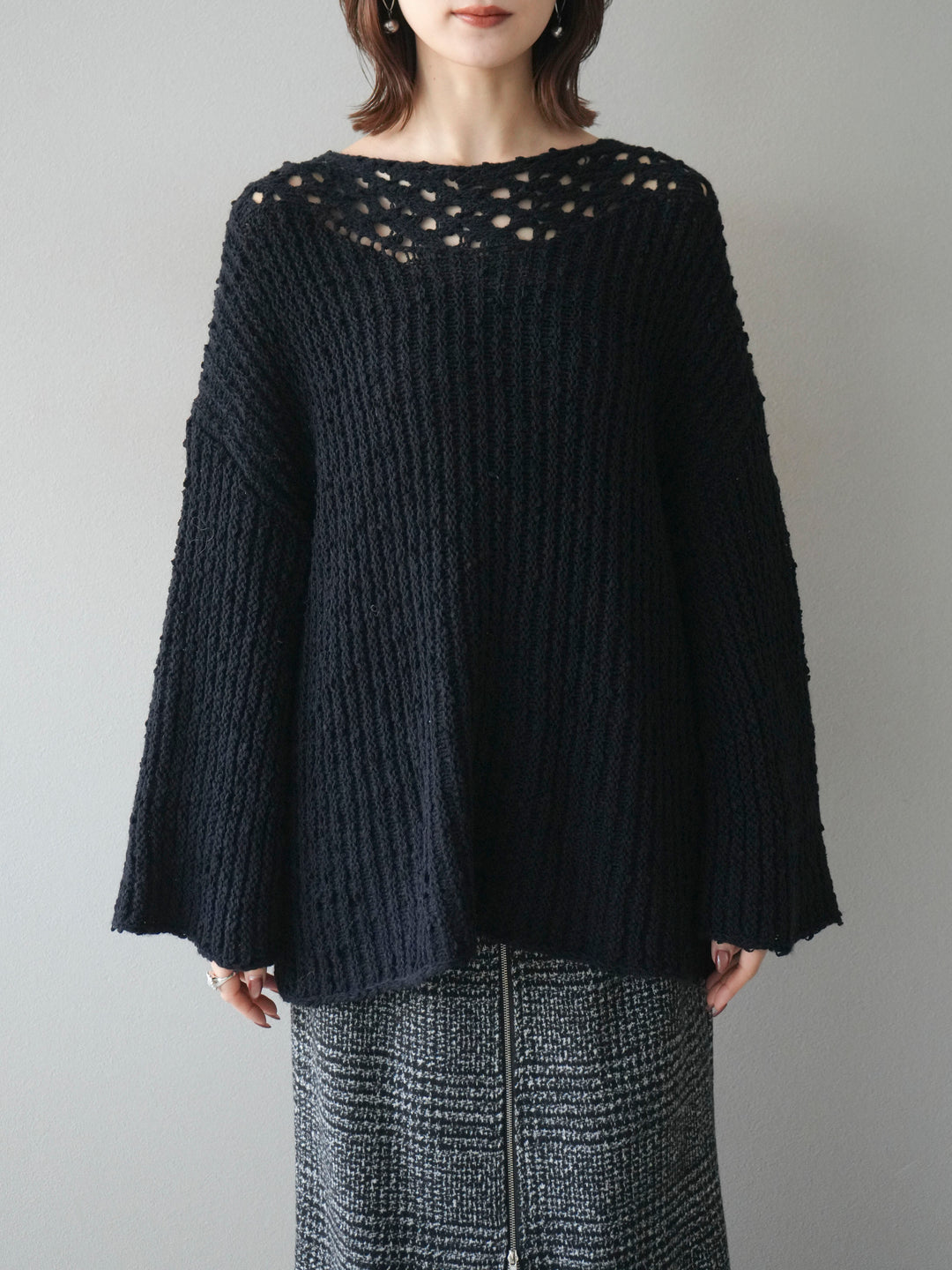 [予約]ボートネック透かし編みニットプルオーバー/navy