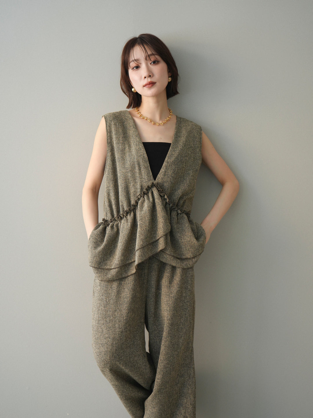 [SET]3WAYミックスツイードギャザーオールインワン+選べるアクセセット(2set)