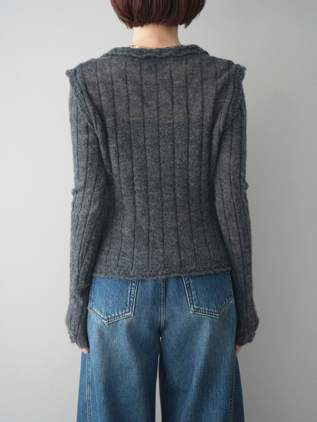 [予約]透かし襟モヘアタッチニットカーディガン/charcoal