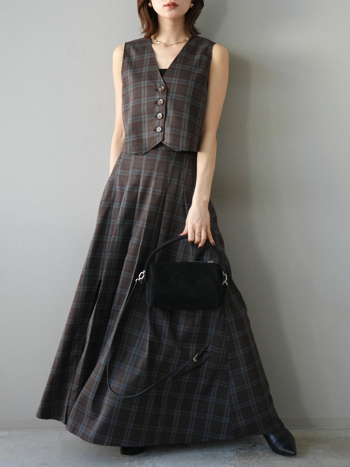 [SET] 格紋背心+格紋褶皺喇叭裙（2套）