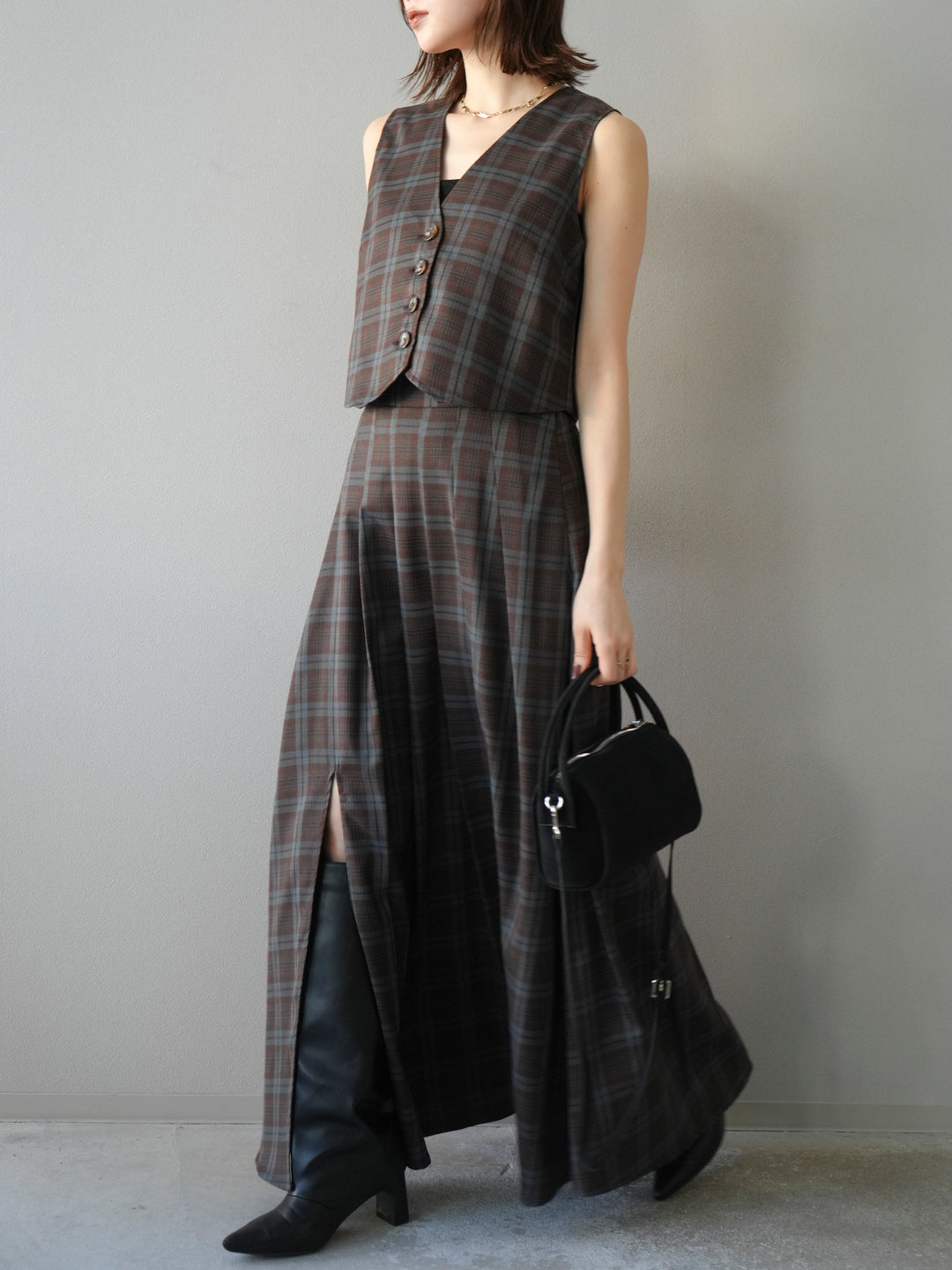 [SET] 格紋背心+格紋褶皺喇叭裙（2套）