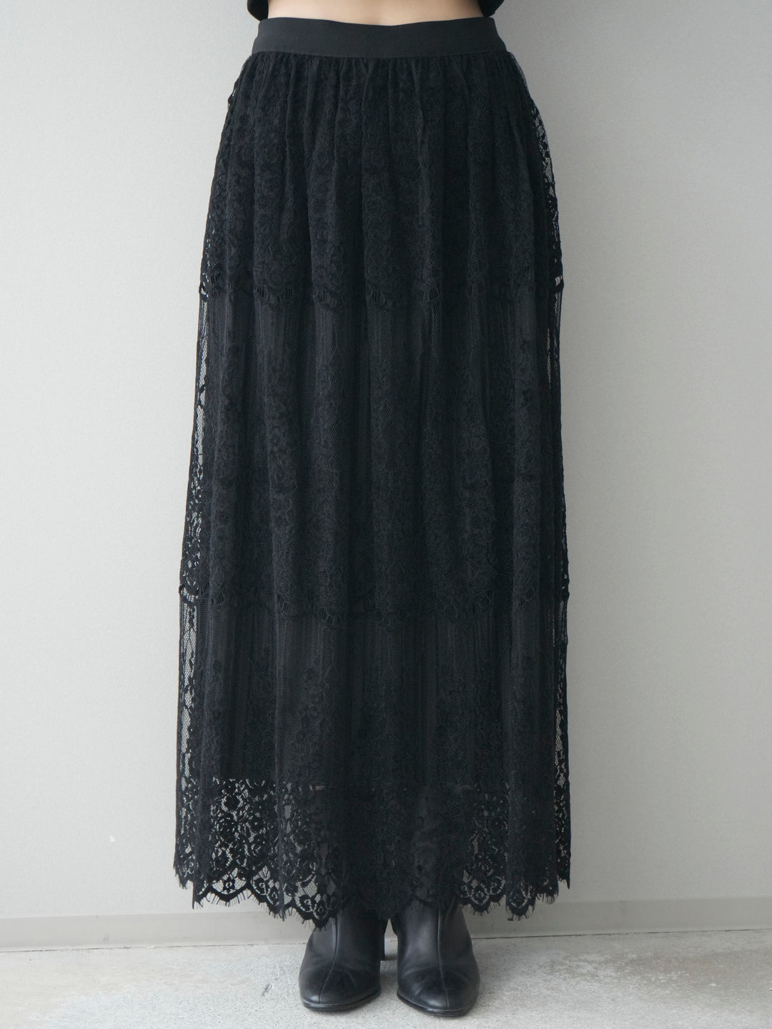 [予約]裏プリーツ総レースロングスカート/black