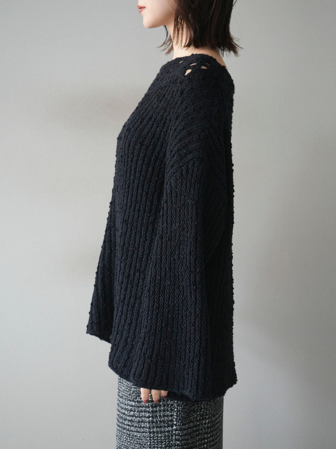 [予約]ボートネック透かし編みニットプルオーバー/navy