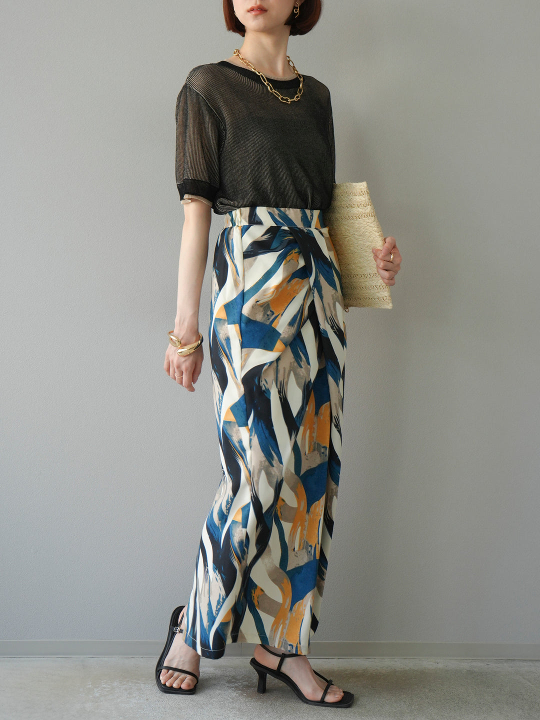 [SET]リネンタッチ配色二重臼ハーフニットトップス+選べるアソート柄スカートセット(2set)